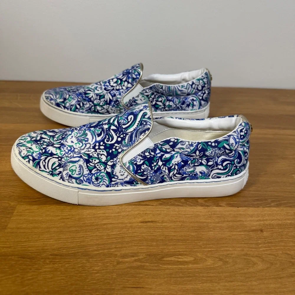 Lilly Pulitzer Blue Green Paisley Slip On Sneakers Metallic Gold Trim 001293 9
